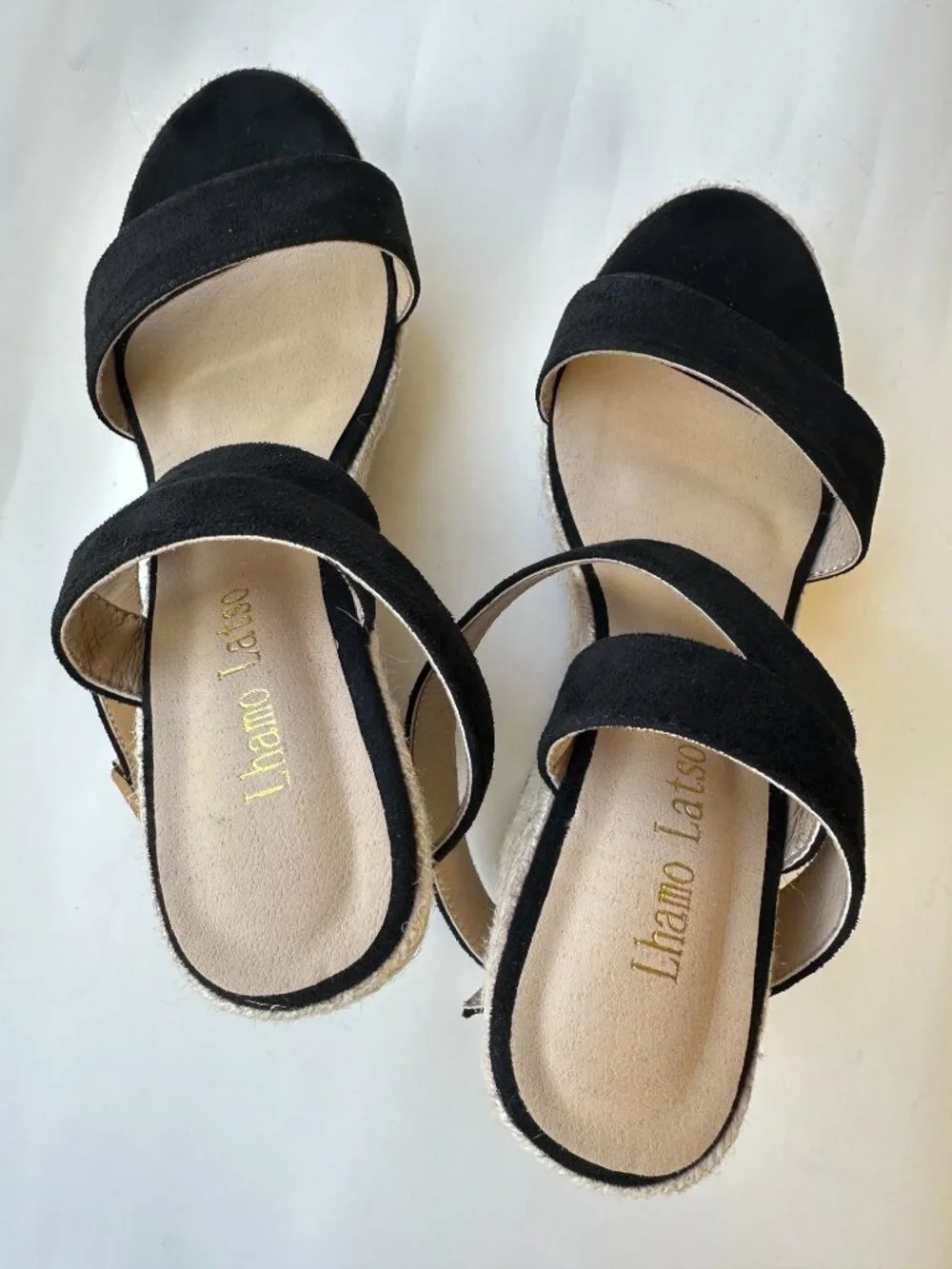 Lhamo Latso Black Suede Espadrille Wedge Sandals Cross Ankle Strap Size 40